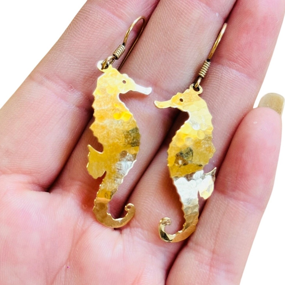 VTG Wild Bryde Seahorse Earrings Gold Dangle Hammered Textured Pierced Signed